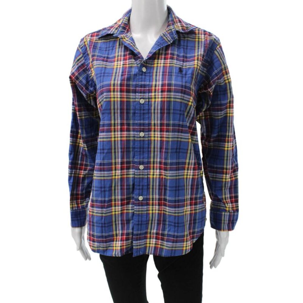 Ralph Lauren Teens Blue Plaid Collared Button-Up Cotton Long Sleeve Size L